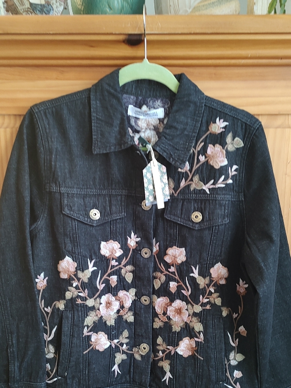 NEW April Cornell Black Denim Jacket Embroidered Shadow Blooms